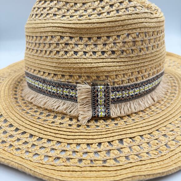 Scala OS Embroidered Fringe Tan Straw Woven Wide Brim Beach Summer Outdoors Hat main image 6